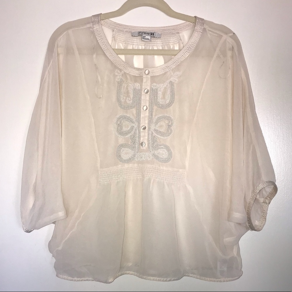 Forever 21 Sheer Embroidered 3/4th Sleeve Blouse